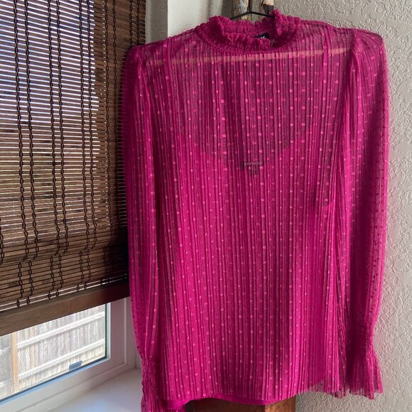 Classy Polka Dot EXPRESS Women's Top w/Camisole, Large Size Pink Mesh Dressy Top - Picture 5 of 15